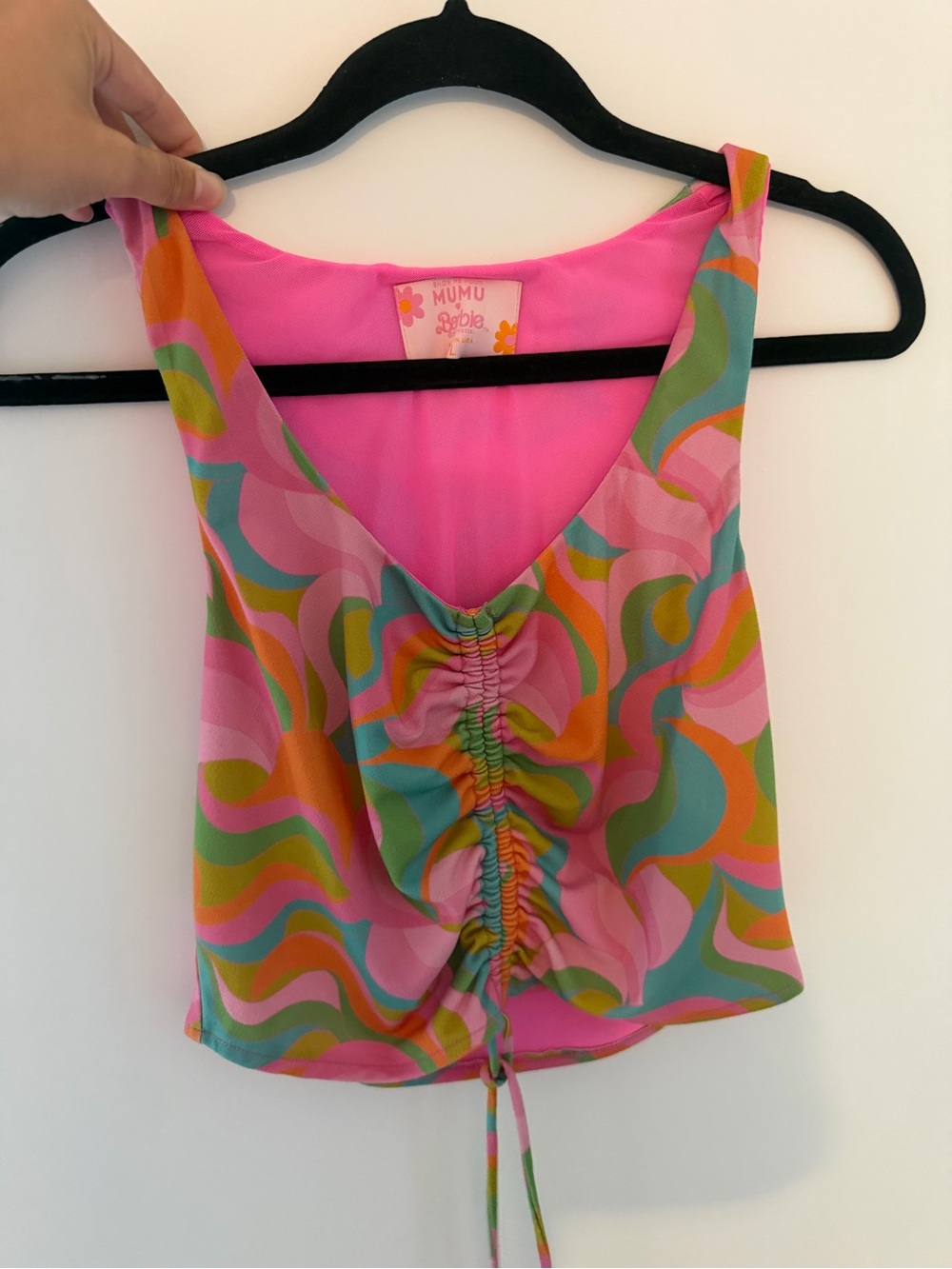 Show Me Your MuMu Pink Multicolor Ruched V-Neck Crop Tank